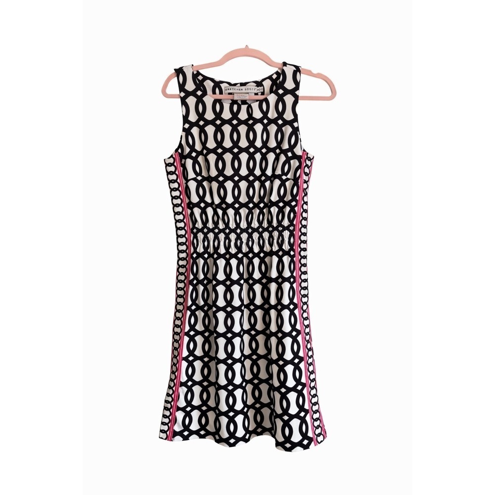 Gretchen Scott Geometric Cinch Dress Size Small Black White Pink Stripe MSRP 149